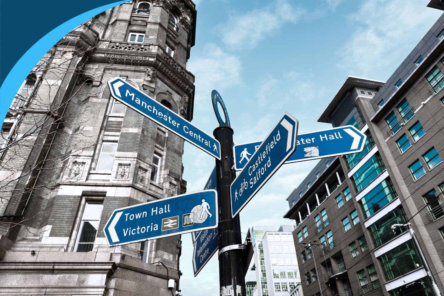 Manchester city-centre signpost pointing to different areas of Manchester.