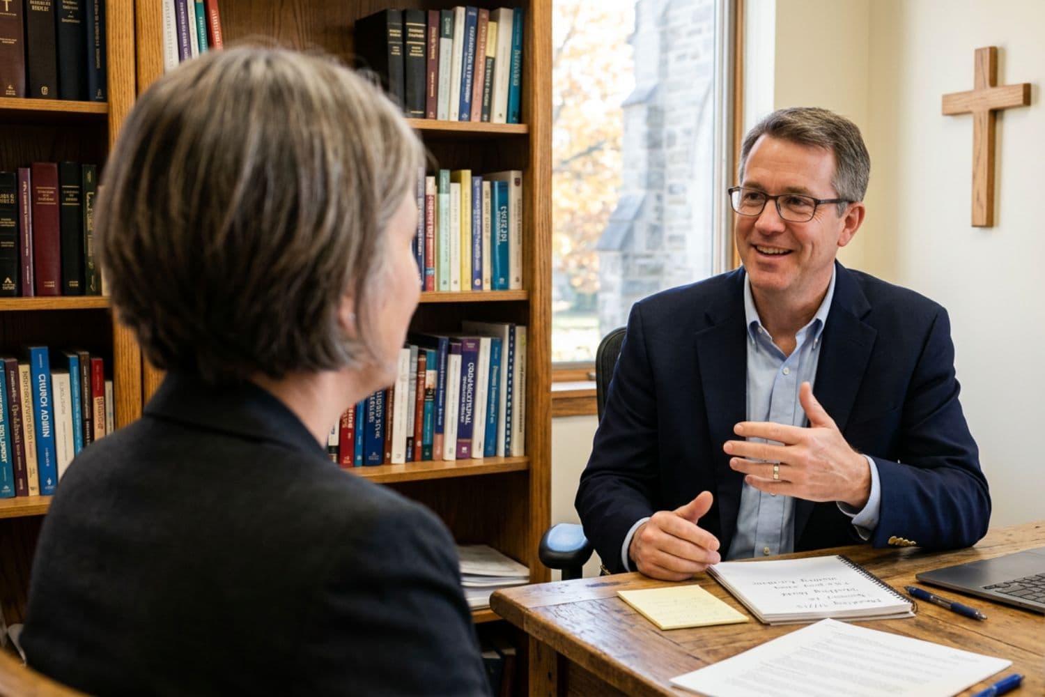 HR consultant in a conversation with a church leader in his office.